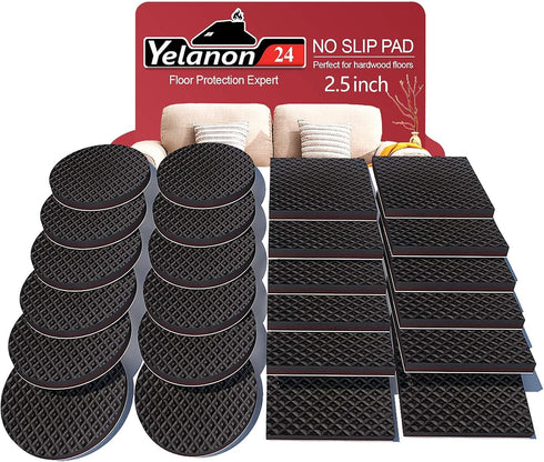 Yelanon Non Slip Furniture Pads, 24 pcs 2.5" Grippers, Self Adhesive Rubber Feet for Hardwood Floor Protection