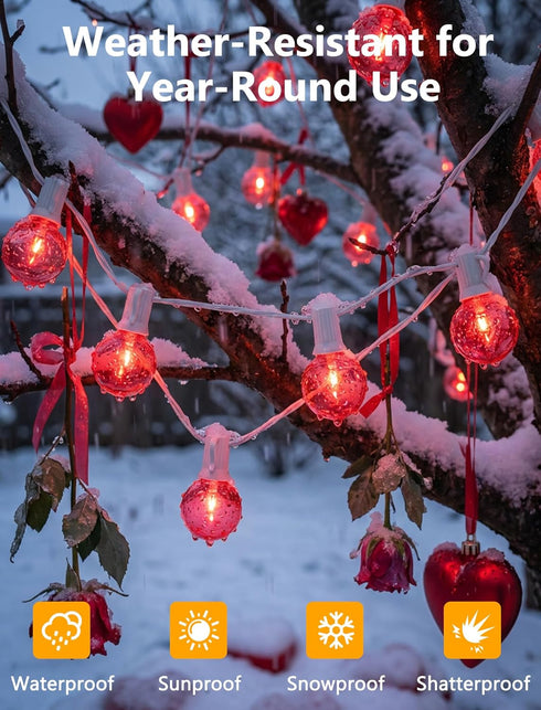 50Ft G40 27 Bulbs, LED Valentine's Day String Lights Outdoor, Valentines Decorations Lights with Red Shatterproof Globe