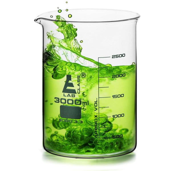 EISCO Beaker, 3000ml Low Form with Spout, White, 250ml Graduations, Borosilicate 3.3 Glass