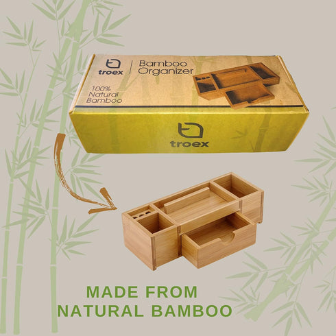 Bamboo Desk Organizer - Durable Wood with Drawers, Storage Compartments, Pen Holder, Phone Holder for Office
