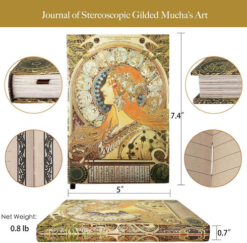 Exclusive Personal Journal for Women, Gilded Hardcover Notebook, 256 Full Color Pages, 5x7 Small Fancy Notebook, Alphonse Mucha Zodiac, Unique Gift for Her Diary.
