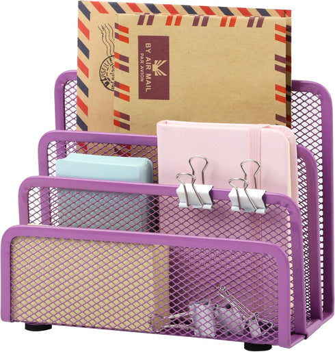 EASEPRES Desk Mail Organizer, Small Letter Sorter, Metal Mesh with 3 Vertical Compartments, Purple 1 Pack