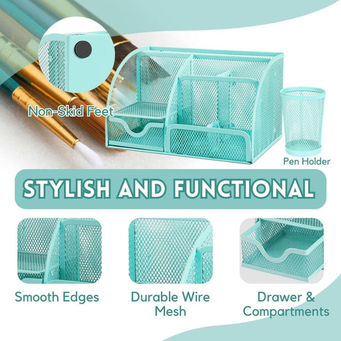 Flexzion Desk Top Caddy Organizer, Green Metal Mesh with 6 Compartments, Drawer and Pen Holder