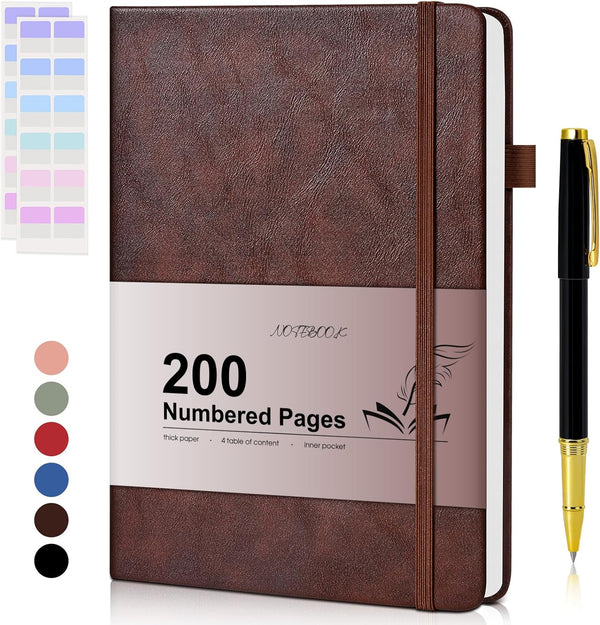 Brown Leather Hardcover Lined Journal Notebook for Men Women, 200 Numbered Pages, A5 Size with Pen