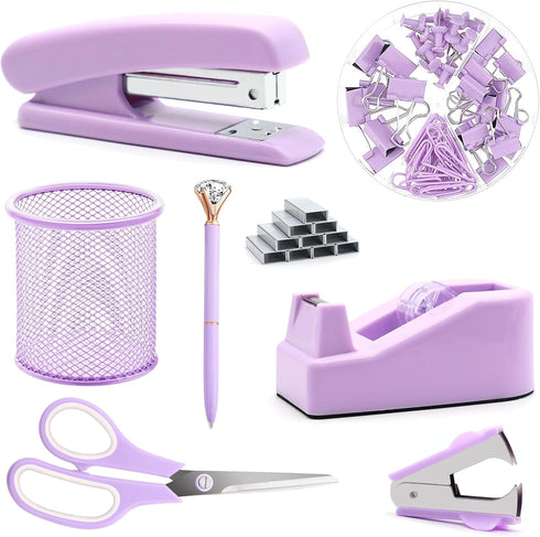 Purple Office Supplies Set - Desk Accessories including Stapler, Tape Holder, Pen Holder, Scissors, and 1000 Staples