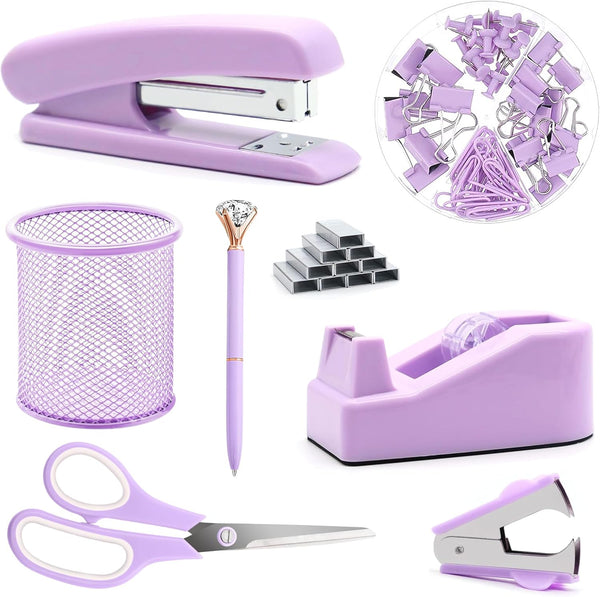 Purple Office Supplies Set - Desk Accessories including Stapler, Tape Holder, Pen Holder, Scissors, and 1000 Staples