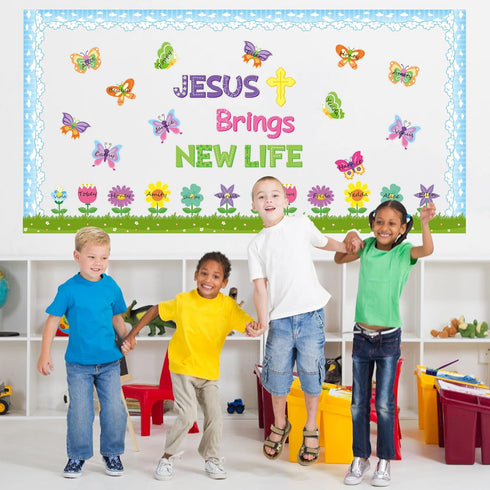 Yopyame 94PCS Bulletin Board Set, Jesus Brings New Life, Spring Butterfly Flowers, Easter Decor