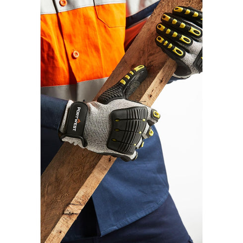 Portwest A722 Anti Impact Safety Work Gloves, Cut Resistant, Gray/Black, Large