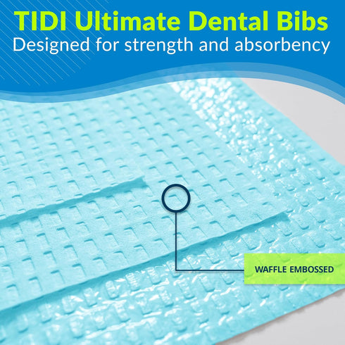 4 13 18 (Pack 500) 3-Ply (917403) TIDI Ultimate Dental Bib, Blue, Layers, W x L of Disposable Dental Bibs Embossed