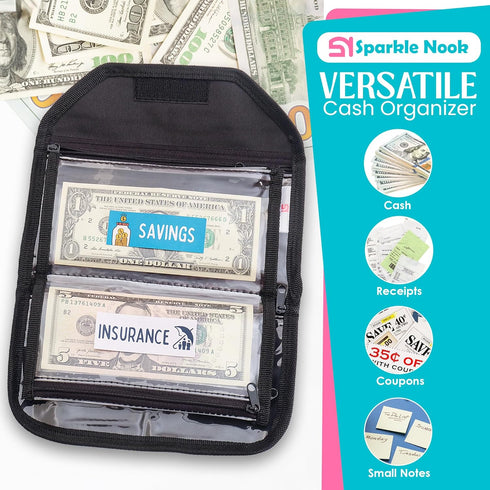 Money Organizer for Cash | Wallet Organizer with 6 Zippered Pockets | Cash Envelopes for Budgeting | Black