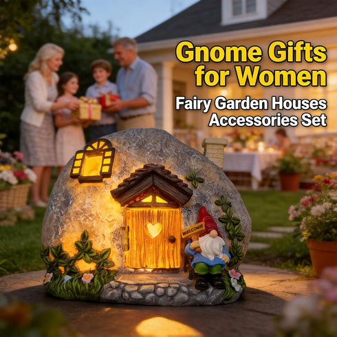 4 Fairy Garden Accessories Gnome House Pcs Kit, Solar Statues with Openable Door for Yard Lawn Patio, Resin Stone