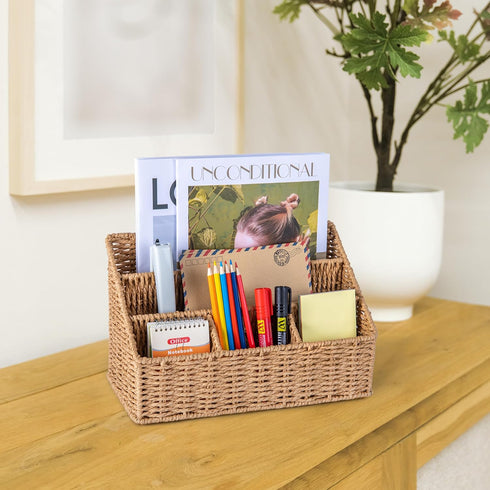 Rattan Desk Organizer, 5 Slot Mail Holder, Boho Office Supplies, Wicker Desk Accessories, Magazine Holder