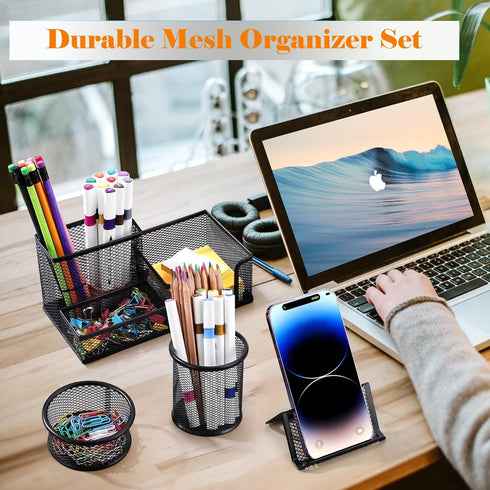 Desk Organizers and Accessories Set, 5 Piece Mesh Pen Holder, Caddy Storage Baskets for Office, School, Home