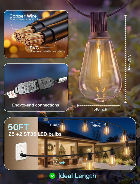 50FT 25 ST35 Bulbs LED Outdoor String Lights, Patio Lights with Shatterproof LED Vintage Edison Connectable LED String