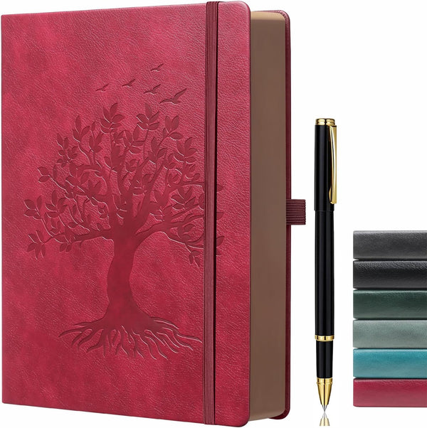 ZXHQ A5 360 Pages Lined Journaling Notebooks with Pen - Tree of Life Design, Brown Edge, Fine Inner Pocket, Wine Red
