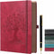 ZXHQ A5 360 Pages Lined Journaling Notebooks with Pen - Tree of Life Design, Brown Edge, Fine Inner Pocket, Wine Red