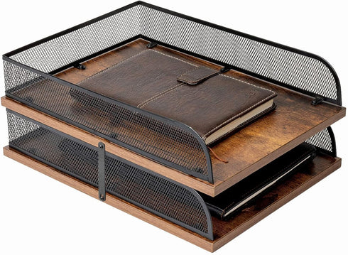 Set of 2 Vintage Black Wood & Metal Letter Tray, Desk Organizers Paper Tray, Office File Organizer