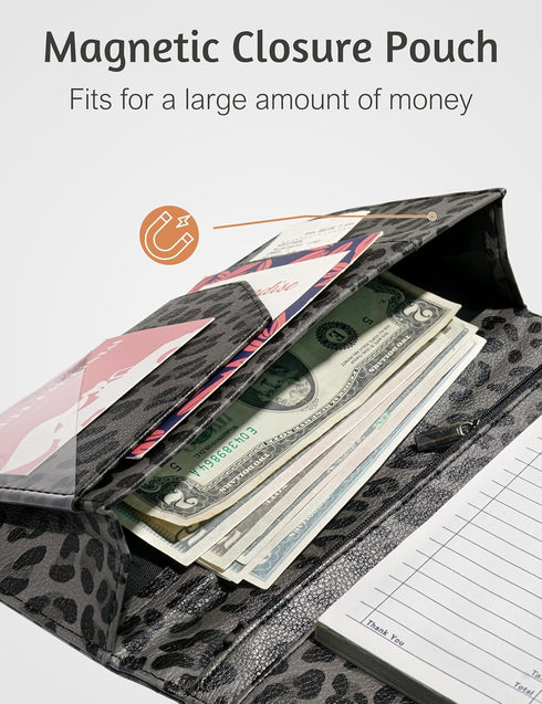 5"9" Server Book for Waitress Book with Zipper Pocket and Magnetic Closure, Grey Leopard Cute Server Wallet with Money