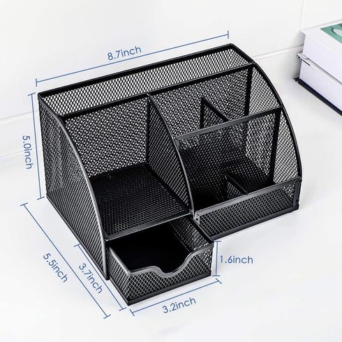 Mesh Desk Organizer, Multi-Functional Caddy with 6 Compartments and 1 Drawer for Office, Home, School