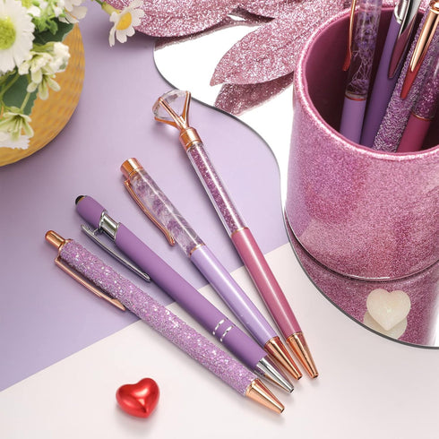 Sabary 8 Pcs Ballpoint Pens with Holder - Metal Crystal Diamond Glitter Pencil Holder for Women Girls