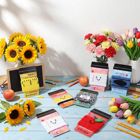 Zhehao 12 Set Teacher Appreciation Gift Card Crochet Coffee Cup Sleeve Composition Notebook Crayon Thank You