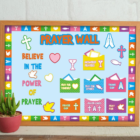 Geelin 184 Pcs Prayer Wall Bulletin Board Set, Cork Board Religious Decor Rainbow Christian Decorations for Classroom