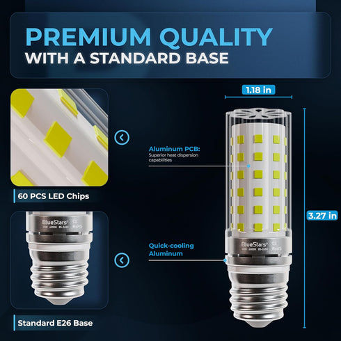 4 Pack BlueStars 10W (100 Watt Equivalent) LED Tubular Corn Light Bulbs, 1100 Lumens, 6000K Cool White, E26/E27