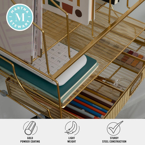 Martha Stewart Ryder Gold Mesh Metal Large Desktop Organizer - Paper File Letter Holder with Drawer