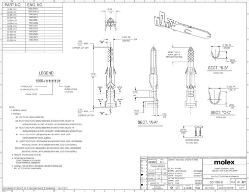 Molex Pin, Male & Female .062" 18-24 AWG, Series 1561 Tin Plated Brass Contact (40 Pair)