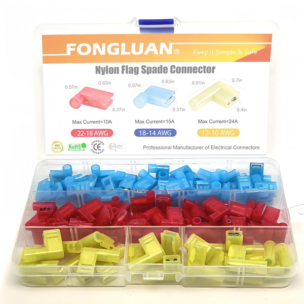100pcs Nylon Flag Spade Female Insulated Terminals 24-10 Gauge Quick Disconnects Electrical Crimp Set