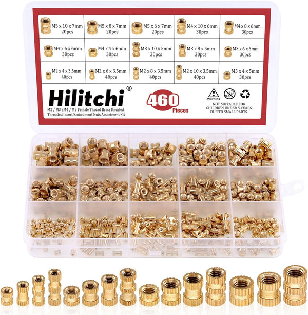 Hilitchi 460 Pcs M2 M3 M4 M5 Female Thread Brass Knurled Insert Nuts Assortment Kit for 3D Prints