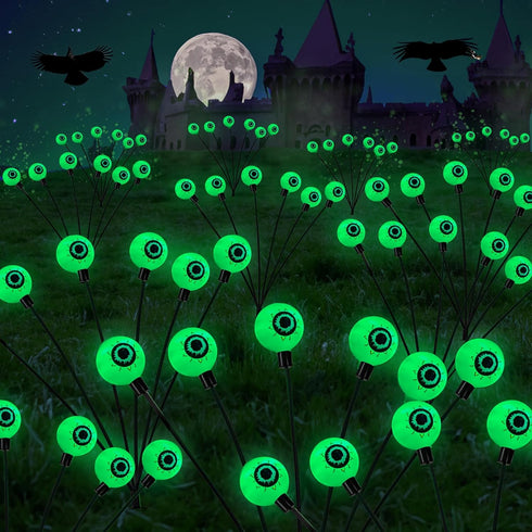 Dazzle Bright Halloween Decorations Outdoor, 2 Pack 12LED Solar Eyeball Pathway Lights, Scary Waterproof Green Firefly