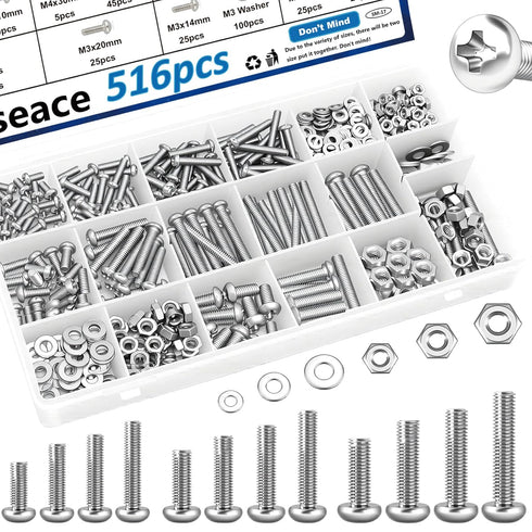smseace 516Pcs Nuts and Bolts Assortment Kit 21-Sizes M3/M4/M5/M6 Nut Bolt Washer Assortment