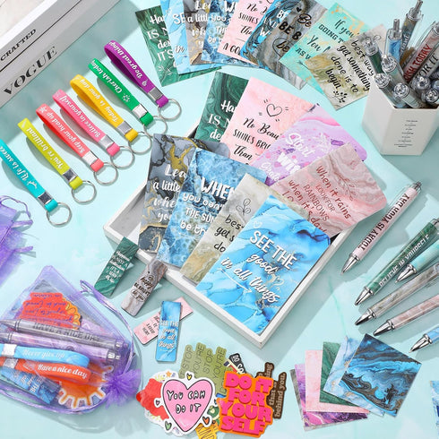Pasimy 218 Pcs Inspirational Stationery Gifts, Motivational Mini Notepad, Pen, Quote Bookmarks for School Office