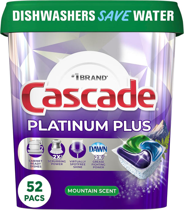 Cascade Platinum Plus ActionPacs Dishwasher Detergent Pods, 52 Count, Mountain