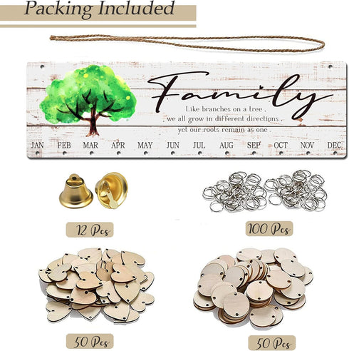 Buecasa Wooden Family Tree Birthday Reminder Calendar Board - DIY Wall Hanging Birthday Tracker Plaque with 100 Tags
