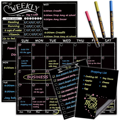 Magnetic Chalkboard Monthly Calendar, Weekly Planner Blackboard Combo Set with Neon Liquid Chalk Markers, Bonus Grocery