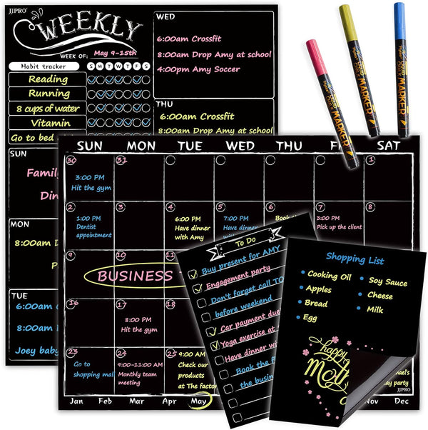 Magnetic Chalkboard Monthly Calendar, Weekly Planner Blackboard Combo Set with Neon Liquid Chalk Markers, Bonus Grocery
