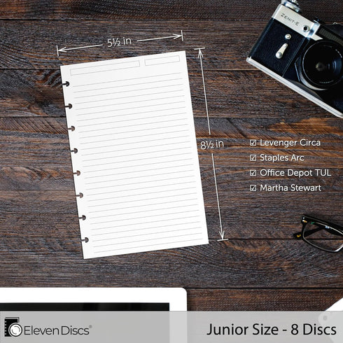 Discbound Paper, Junior Size Ruled Sheets, Premium 120gsm Notebook & Planner Refills, 50 Sheets