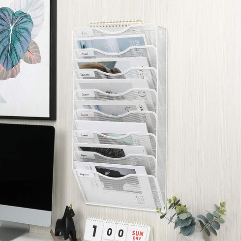 EasyPAG Office 8 Pocket Wall File Folder Holder, Hanging Organizer for Magazine Document Paper Rack, White.