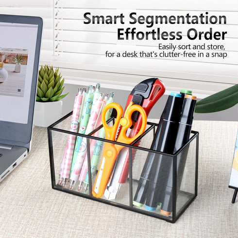 Pencil Holder for Desk,Tempered Glass Pen Holder,3&4 Compartments,Desktop Storage Organizer for Office Supplies,School Supplies,Pens,Markers,Pencils,Scissors,Paperclips (Black, 3 compartments) by ELEGANTLIFE