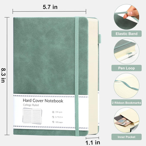 CAGIE A5 Lined Journal Notebook, 320 Pages, 100 GSM Thick Paper, Green Leather Hardcover for Writing and Note Taking
