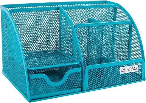 EasyPAG Desk Organizer Mesh Desktop Office Supplies Multi-functional Caddy Pen Holder Stationery with 6 Compartments and 1 Drawer for Office, Home, School, Classroom, Blue by EasyPAG