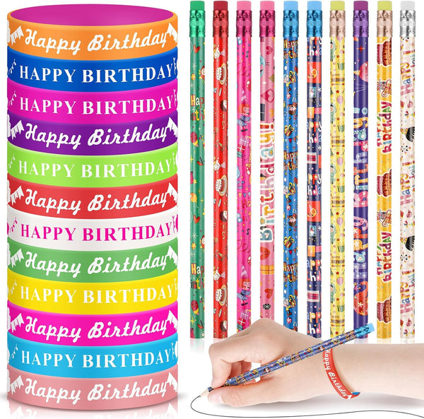 Sabary 48 Pcs Happy Birthday Pencils and Rubber Bracelets Set, Birthday Party Favors
