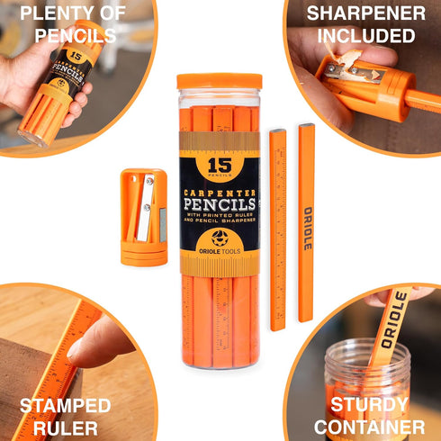 Professional Carpenter Pencils Kit with Storage: 15 Flat Pencils, Sharpener, Durable PVC Container for Construction