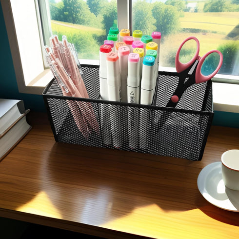 Black Mesh Pencil Holder, 3 Compartments Metal Desk Organizer for Pens, Kitchen Utensils, Small Office Supplies