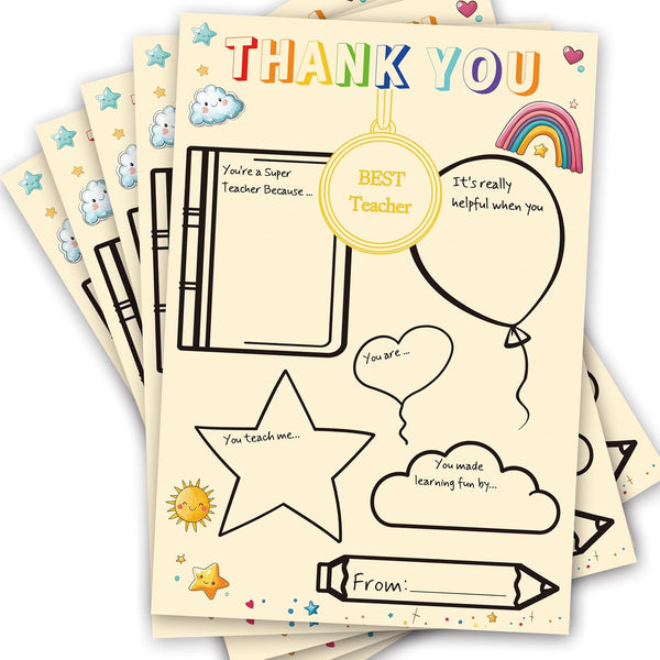 TzenvoGift 5-Pcs Teacher Thank You Cards Fill-in-the-Blank Appreciation Cards with Gold Foil Medal