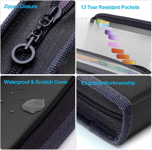 MEGREZ Expanding File Folder with 13 Pockets, 2 Pack A4 Paper Organizer with Zipper, Black