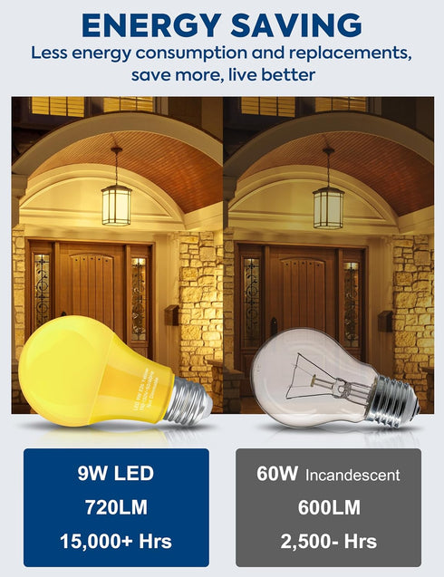 Yellow Bug Light Bulbs, A19 LED 9W, 60W to 100W Equivalent, Amber Yellow, E26 Base, Non-Dimmable, 4-Pack