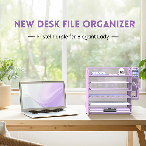 SUPEASY 6 Tier Paper Organizer with 4 Pen Holders, Mesh Desk Organizer for A4 File Folder, Purple
